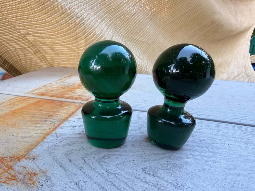 Vintage Green Glass Decanter Stoppers Pair